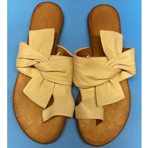 Unity In Diversity Leather Sandals Beige Bow Thong Toe Shoes Size 40 - Picture 6 of 9